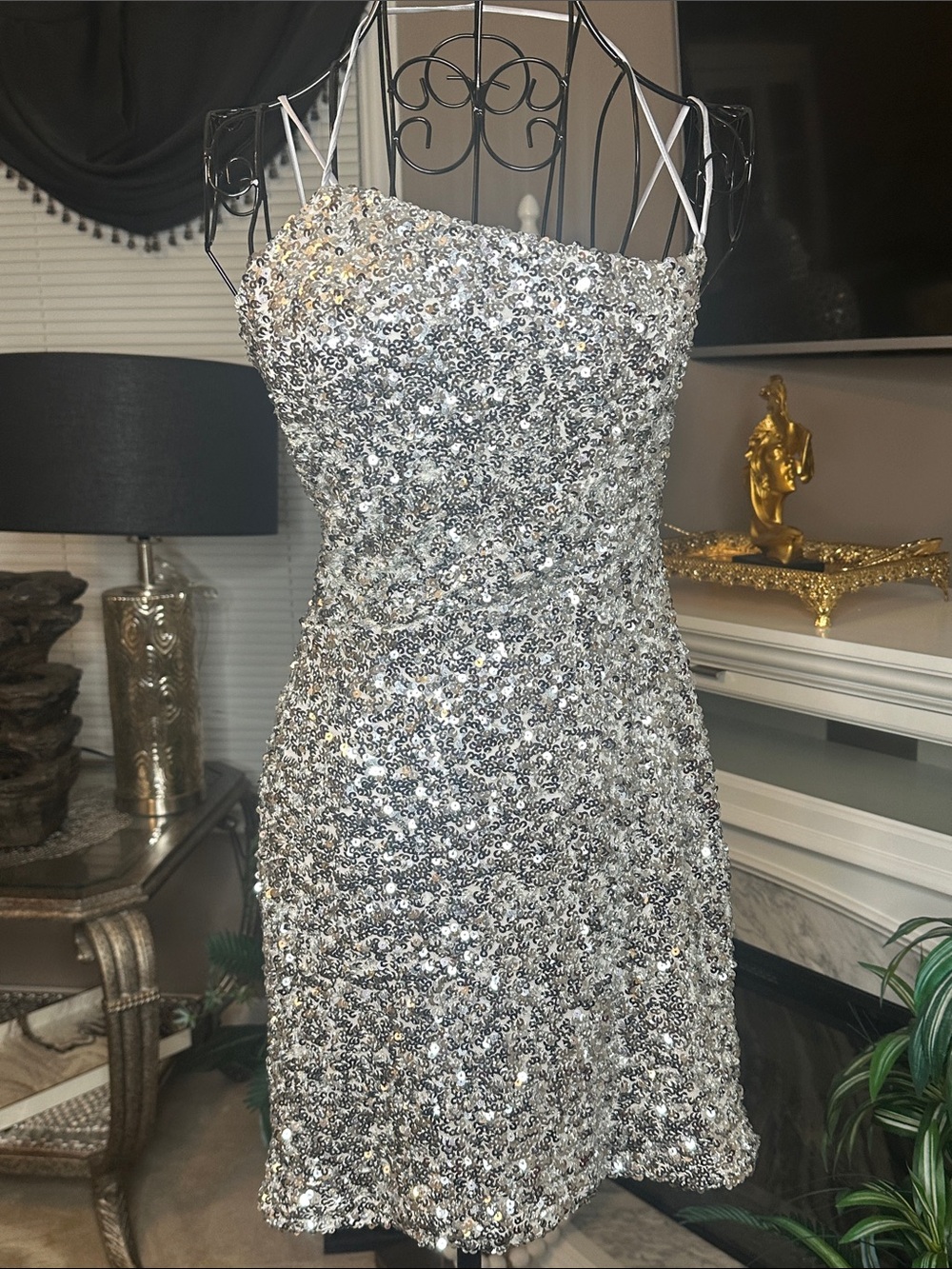 Fashion Nova Silver Sequin Strappy Mini Dress